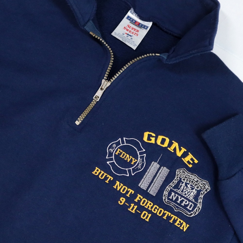 Vintage FDNY NYPD 9-11-01 Jerzees 1/4 Zip Sweatshirt M Navy 9/11 NYC Memorial